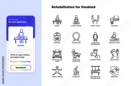 Rehabilitation for disabled thin line icons set. Magnetic therapy, laser, massage, lymphatic drainage, exoskeleton, cryotherapy, biomechatronics, suspension system, ergotherapy. Vector illustration.