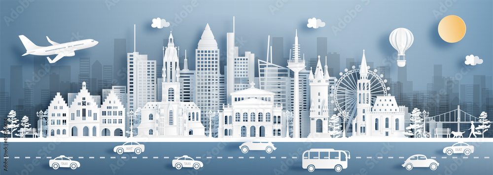 Panorama view Frankfurt, Germany skyline with world famous landmarks in paper cut style vector illustration.