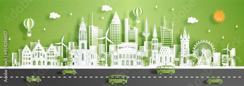 Green city in Frankfurt, Germany skyline with world famous landmarks in paper cut style vector illustration.