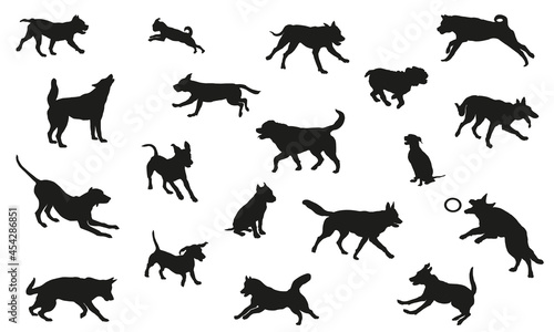 Group of dogs various breed. Black dog silhouette. Running, standing, walking, jumping and sitting dogs. Isolated on a white background. Pet animals. © tikhomirovsergey
