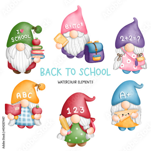 Digital painting watercolor back to school gnomes elements, student gnome