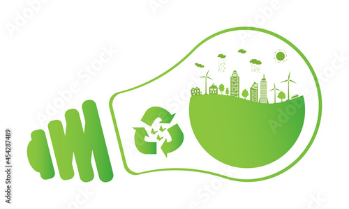 Silhouette green city with renewable energy sources. Ecological city and environment conservation. Green city inside the electric bulb.