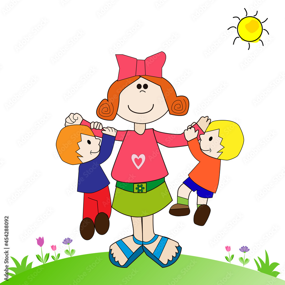 Madre con sus hijos colgando de sus brazos.