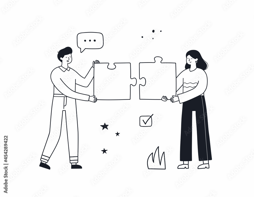 Teamwork hand drawn vector linear illustration. People connecting puzzle elements. Cooperation, partnership. Business concept.