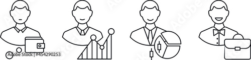 Four vector linear icons are the path of a successful broker investor from beginner to expert
