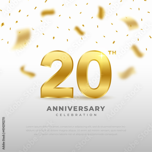 20th anniversary celebration with gold glitter color and white background. Vector design for celebrations, invitation cards and greeting cards.