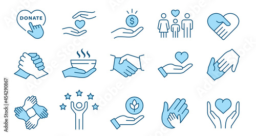 Charity line icon set. Collection of hope, solidarity, trust, care and more. Editable stroke.