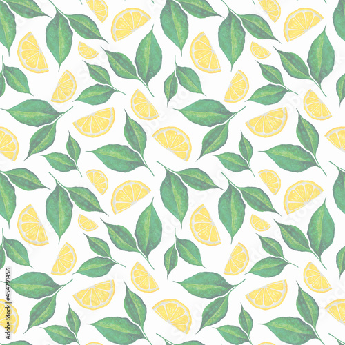 Lemon watercolor hand drawn seamless pattern. Summer wallpaper. Fruit texture.