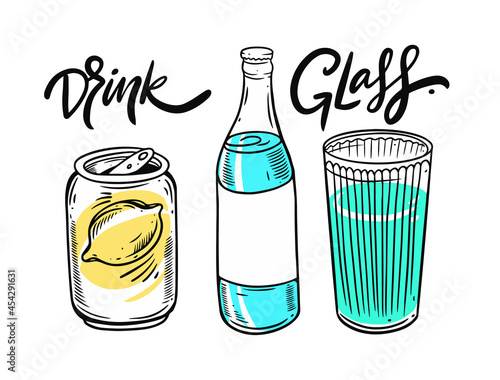 Hand drawn line art drinks set. Lemonade in aluminum can, water in bottle and mojito in glass.