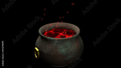 4K Halloween and wizardry concepts. Bubbling cauldron with boiling red potion.