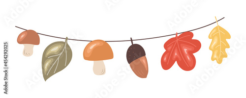 Garland of autumn leaves, mushrooms, and acorns isolated on a white background. Thanksgiving decoration. Vector illustration in simple cartoon hand drawn style