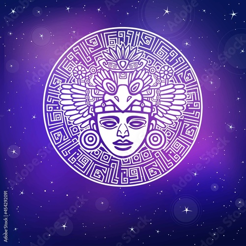 Decorative image of  ancient Indian deity. Magic circle. Motives of art Native American Indian. Ethnic design, boho chic, tribal symbol. Vector illustration, background - the night star sky.
