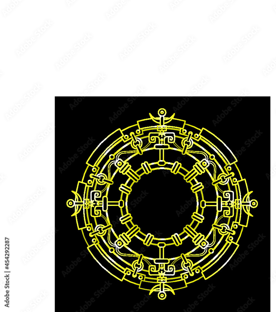 Decorative mystical circle in ethnic style. Linear drawing, the yellow contour isolated on a black background. Gold imitation.
