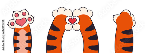 Drawn vector design of cartoon tiger paws with small hearts. The tiger's striped paws show a heart, cartoon funny style.