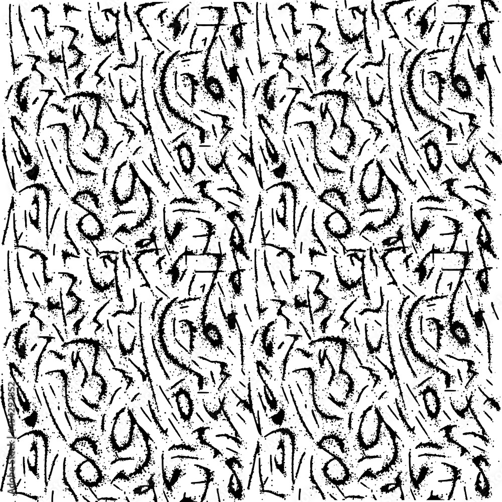 Obraz premium Black paint brush strokes vector seamless pattern. Hand drawn curved and wavy lines with grunge circles. brush scribbles decorative texture. Messy doodles, bold curvy lines illustration.
