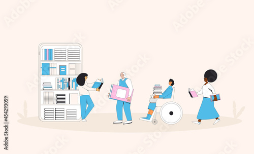 Online library or bookstore. Digital reading app. Electronic books. Knowledge, education, learning with smartphone.