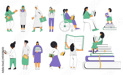 People with books set isolated. Literature fans. Books lovers. Vector illustration.