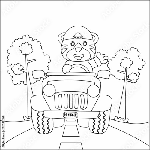 Cute tiger cartoon having fun driving off road car on sunny day. Cartoon isolated vector illustration, Creative vector Childish design for kids activity colouring book or page.