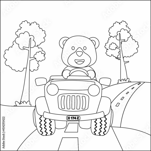 Cute bear cartoon having fun driving off road car on sunny day. Cartoon isolated vector illustration, Creative vector Childish design for kids activity colouring book or page.