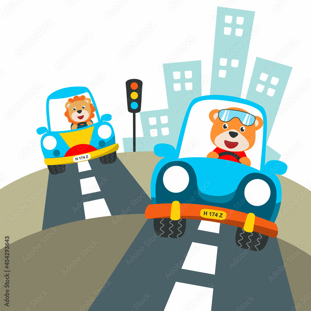 Cute tiger and lion cartoon having fun driving a city car on sunny day. Vector childish background for fabric textile, nursery wallpaper, card, poster and other decoration. Vector illustration. Cute tiger and lion cartoon having fun driving a city car on sunny day. Vector childish background for fabric textile, nursery wallpaper, card, poster and other decoration. Vector illustration.