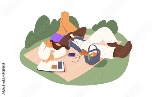 Couple of relaxed man and woman resting on picnic blanket outdoors, reading book and listening to music. Boyfriend and girlfriend with food basket in nature. Flat vector illustration isolated on white