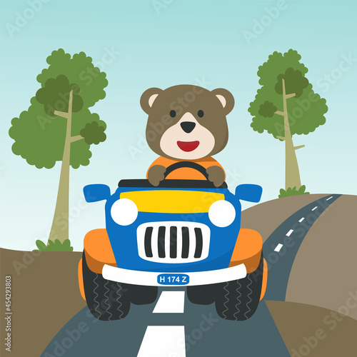 Cute bear cartoon having fun driving off road car on sunny day. Vector childish background for fabric textile, nursery wallpaper, card, poster and other decoration. Vector illustration.