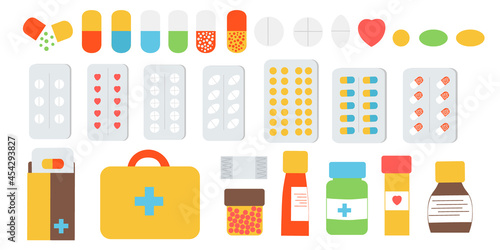 A set of medical preparations. Tablets are different, in a blister, in a package, in a jar. Ambulance for pain of various types. Flat illustration.