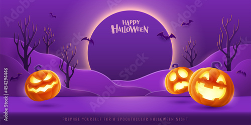 Happy Halloween. Halloween fantasy purple theme paper graphic cloud scene with group of 3D illustration glowing pumpkin on studio table.