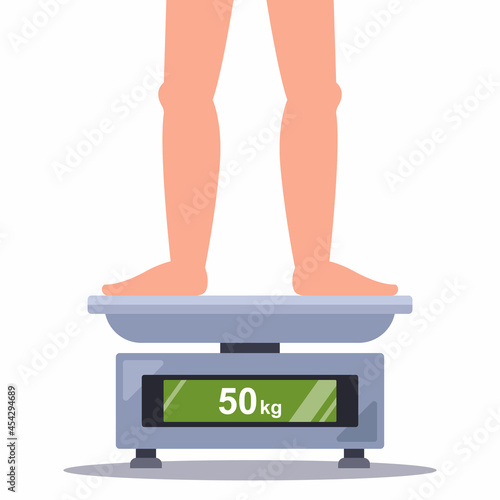 a person weighs his own weight on a bathroom scale. flat vector illustration.