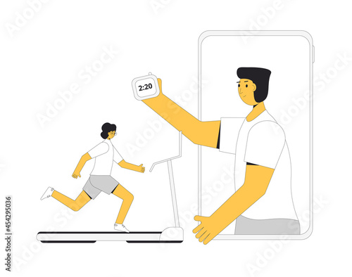 Online workout with coach. Runner on treadmill at home.