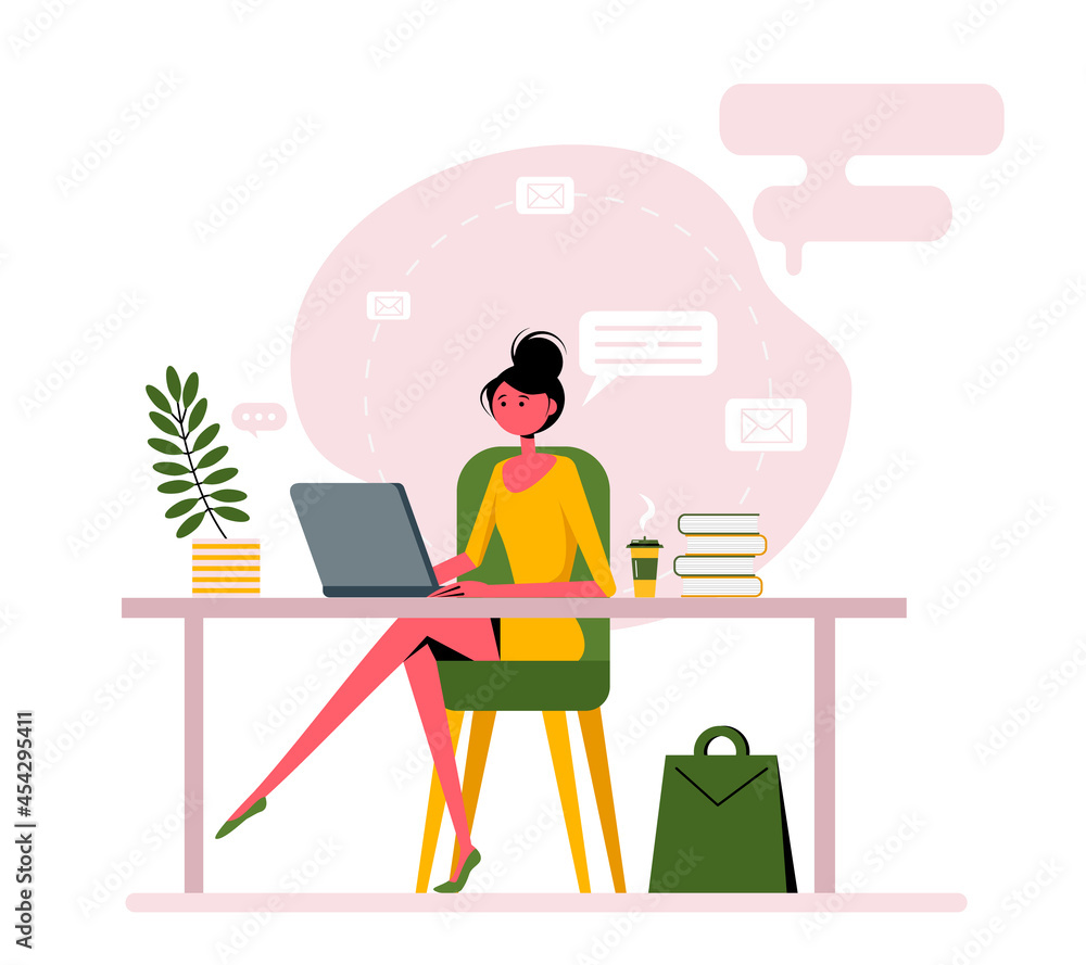 Working concept, Beautiful woman working in the office. Cute vector illustration in flat style. Working concept, Beautiful woman working in the office. Cute vector illustration in flat style.