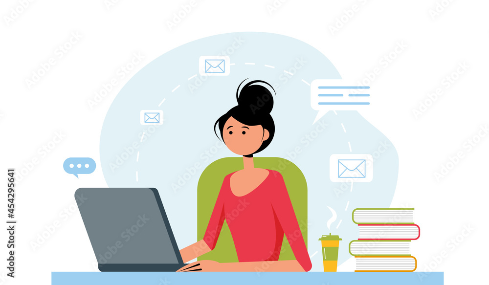 Beautiful woman working from home, student or freelancer.Home office concept. Cute vector illustration in flat style.