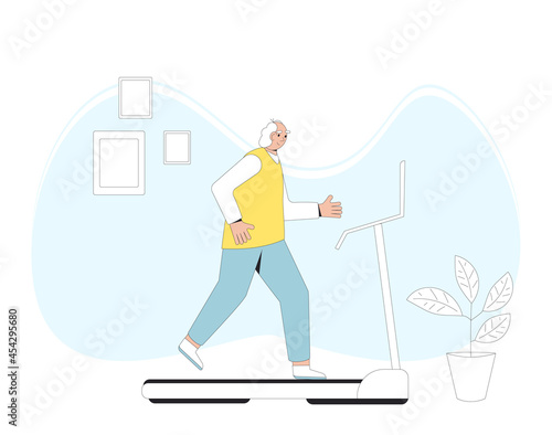Runner on treadmill at home. Jogger. Senior man wearing in sports clothses doing cardio.