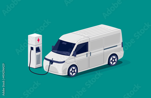 Isometric electric cargo van charging parking at the charger station with a plug in cable. Flat vector of shipping truck lorry logistic freight car. Electrified transportation delivery e-motion.
