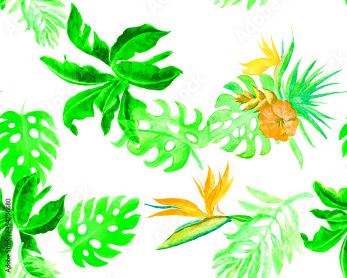 Natural Monstera Leaf. Organic Banana Leaf Plant. Greenery Seamless Decor. Green Pattern Set. Watercolor Wallpaper. Tropical Leaves. Isolated Background.