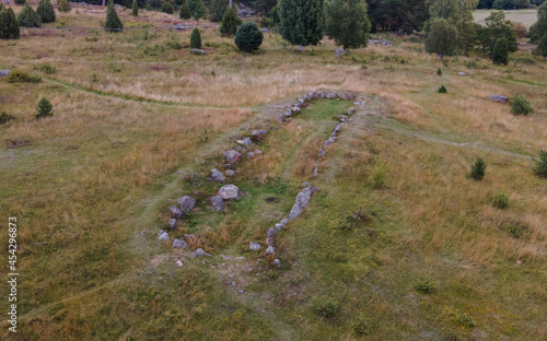 Fotografie Ruins of an ancient medieval church near King Björn's Mounds in Uppsala, Sweden