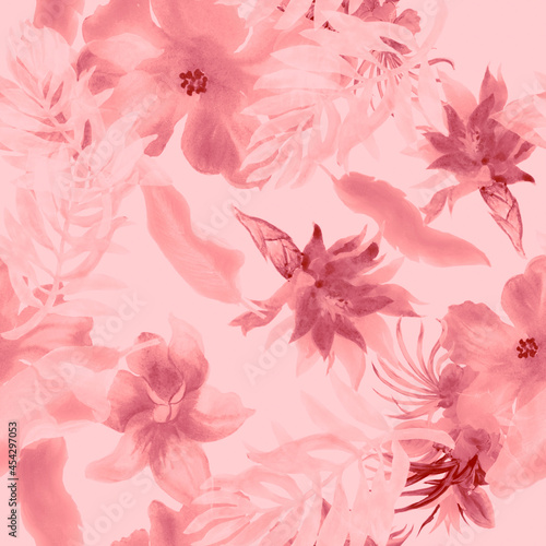 Pink Watercolor Decor. Flush Flower Textile. Blur Seamless Print. Pattern Palm. Tropical Jungle. Isolated Texture. Fashion Wallpaper. Botanical Textile.