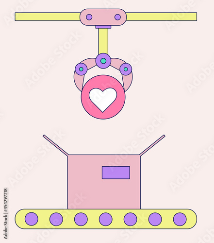 Conveyor automatic production line with robotic manipulators packing likes in boxes. Automatic operation. Approval, social media, feedback. Modern industrial technology. Appliances for manufacturing p