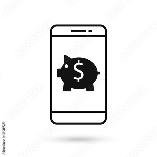 Mobile phone flat design icon with Piggy bank sign.