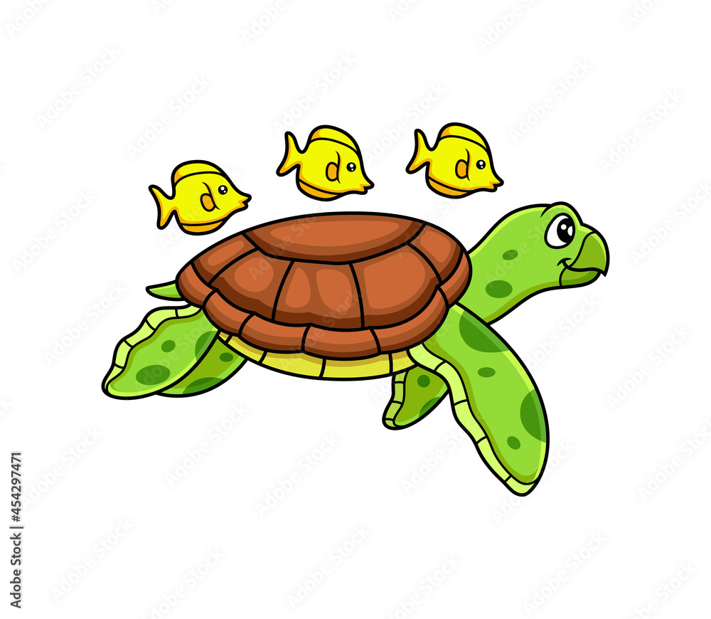 Obraz premium sea turtle swim with fish cartoon