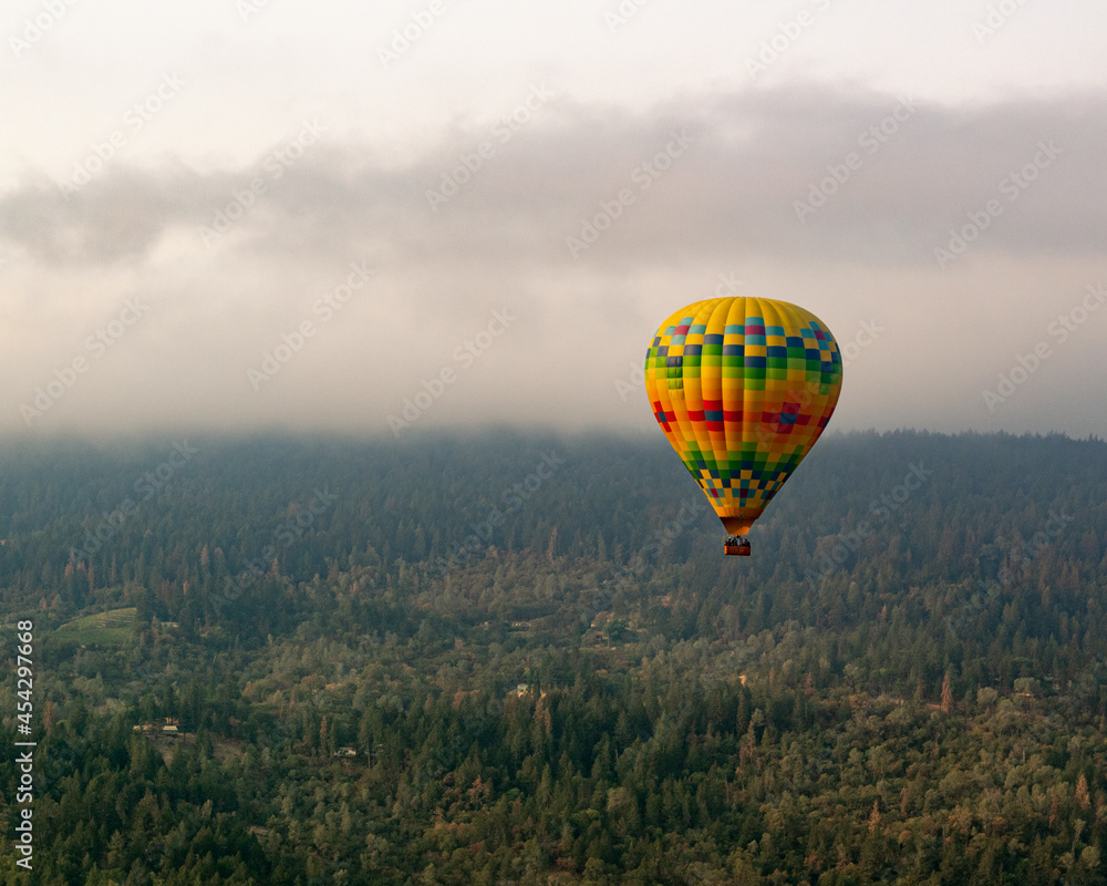 Hot air balloon in the cloudy sky over forests of Nappa Valley.