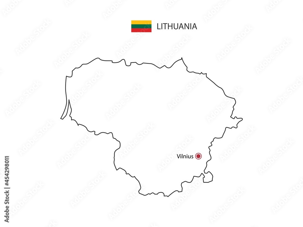 Hand draw thin black line vector of Lithuania Map with capital city Vilnius on white background.