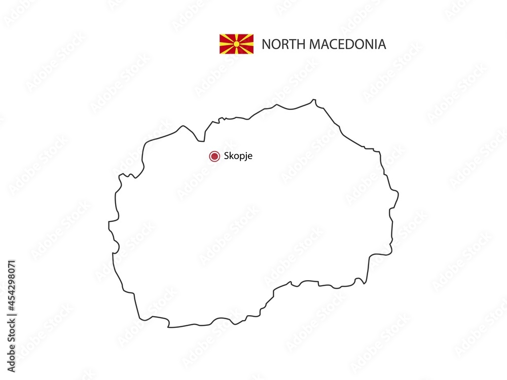 Hand draw thin black line vector of North Macedonia Map with capital city Skopje on white background.