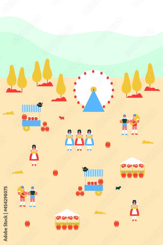 Oktoberfest vector landscape. Vector EPS 10. Beer festival ferris wheel, beer shops, musicians, tyrolean hat, beer barrels, girls. Cartoon flat illustration. All elements are isolated. Oktoberfest vector landscape. Vector EPS 10. Beer festival ferris wheel, beer shops, musicians, tyrolean hat, beer barrels, girls. Cartoon flat illustration. All elements are isolated.