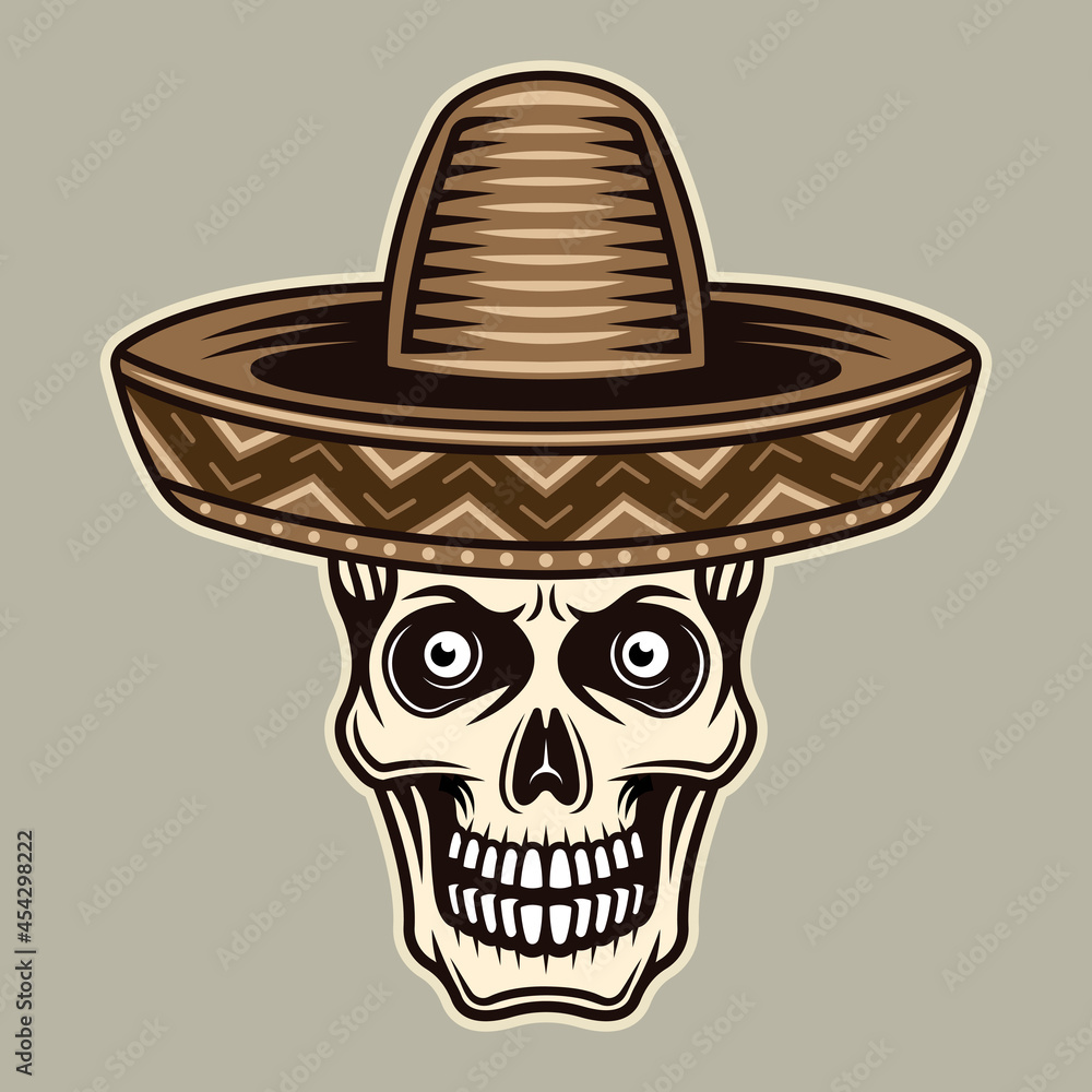 Skull in mexican sombrero hat vector illustration in colorful cartoon style isolated on light background Skull in mexican sombrero hat vector illustration in colorful cartoon style isolated on light background