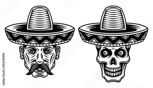 Mexican man head with mustache and skull in sombrero hats vector illustration in vintage monochrome style isolated on white background