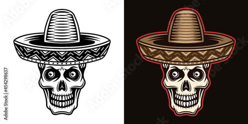 Skull in mexican sombrero hat vector illustration in two styles black on white and colorful on dark background