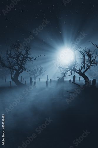 Vászonkép moon light in dark graveyard at night