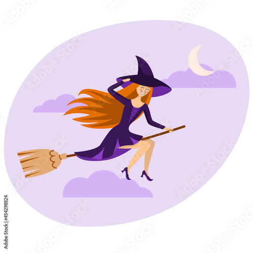 Girl witch in a purple hat flying on a broomstick