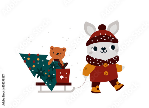 Festive illustration for kids with cute bunny  Christmas tree and gifts. Cartoon rabbit with sledge and surprise for Christmas party celebration. Holiday print for nursery  child poster  card  cloth